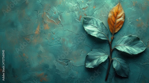 a close up of a leaf on a green surface with a rusted metal surface and a rusted orange leaf on the left side of the leaf.