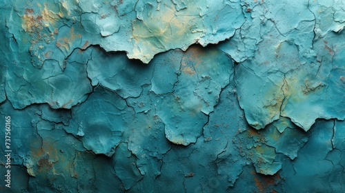 a close up of a wall with blue and green paint peeling off of it's sides and peeling off of it's sides.