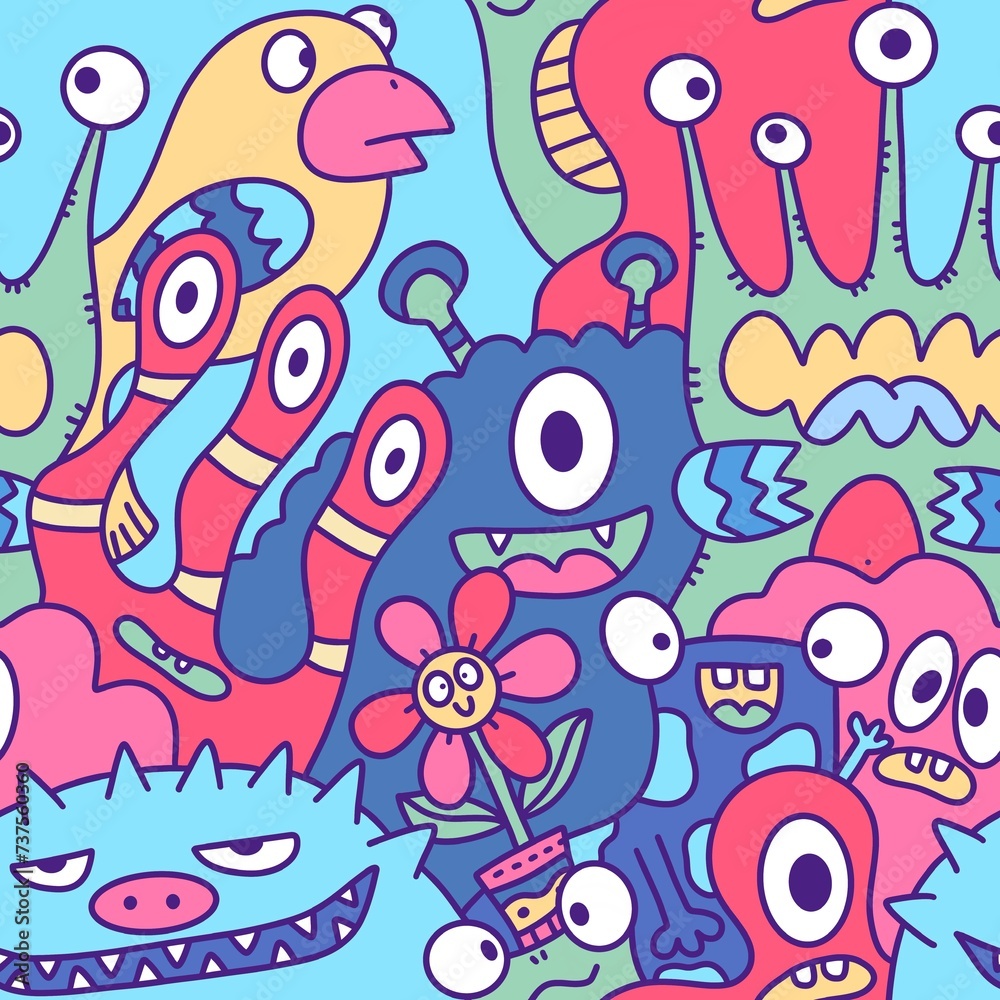 Cartoon monsters seamless funny aliens and rabbit and cactus and flower pattern for wrapping paper and linens Cartoon monsters seamless funny aliens and rabbit and cactus and flower pattern for wrapping paper and linens