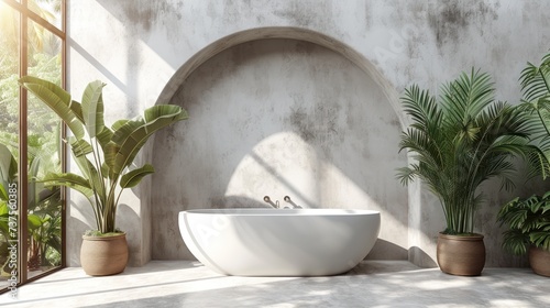 a white bath tub sitting next to two potted plants in front of a white wall with a arched window.