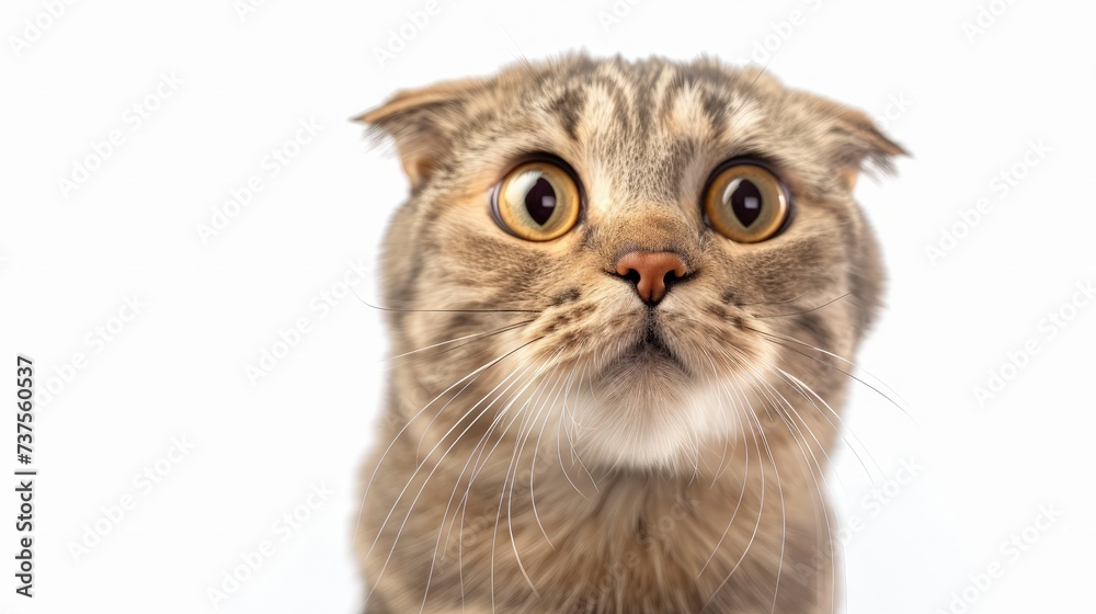 Portrait of a surprised cat Scottish Straight, closeup, isolated on white background