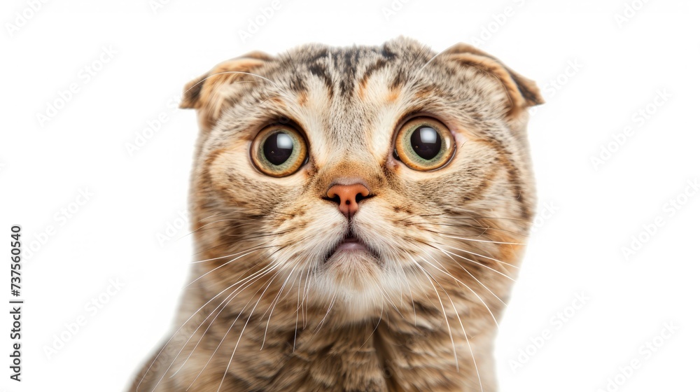 Fototapeta premium Portrait of a surprised cat Scottish Straight, closeup, isolated on white background