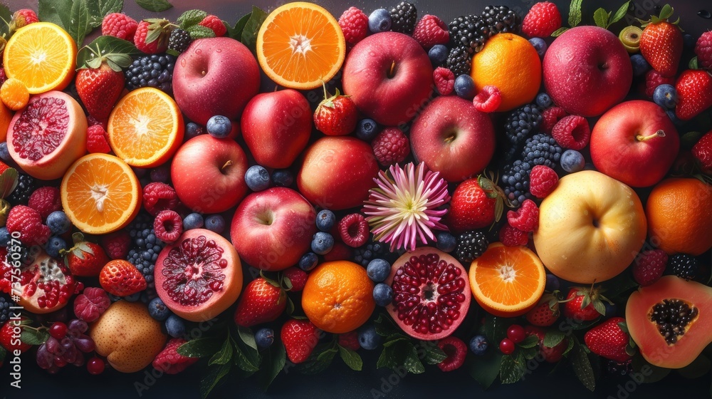 a close up of a bunch of fruit with oranges, pomegranates, and strawberries.