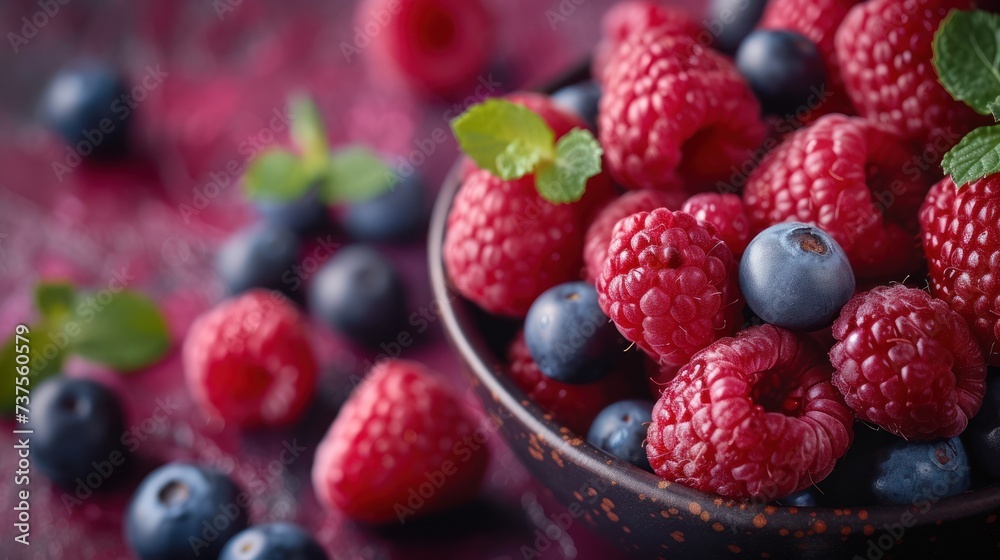 a bowl of raspberries, blueberries, and raspberries with mint leaves on a red cloth. a bowl of raspberries, blueberries, and raspberries with mint leaves on a red cloth.
