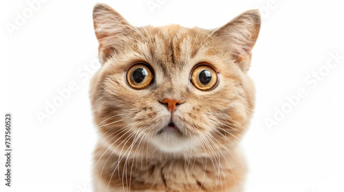 Portrait of a surprised cat Scottish Straight, closeup, isolated on white background