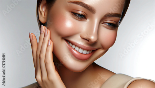 A close-up shot of a woman in a moment of bliss, smiling and gently touching her cheek, showing off her perfect, glowing skin. Portrait of a smiling woman.