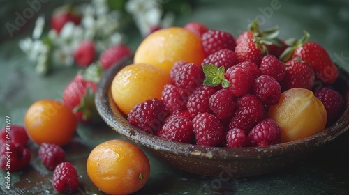 a bowl of raspberries  oranges  and strawberries are on a table with leaves and flowers.