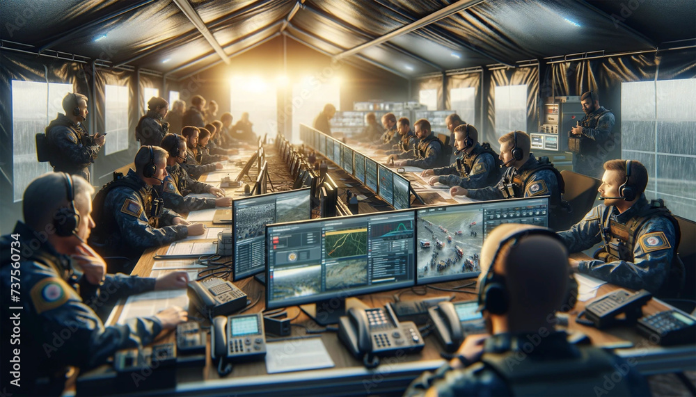 A temporary command center where emergency response team leaders coordinate disaster response exercises. Radios and monitors display live feeds of the exercise, with team members actively involved in A temporary command center where emergency response team leaders coordinate disaster response exercises. Radios and monitors display live feeds of the exercise, with team members actively involved in