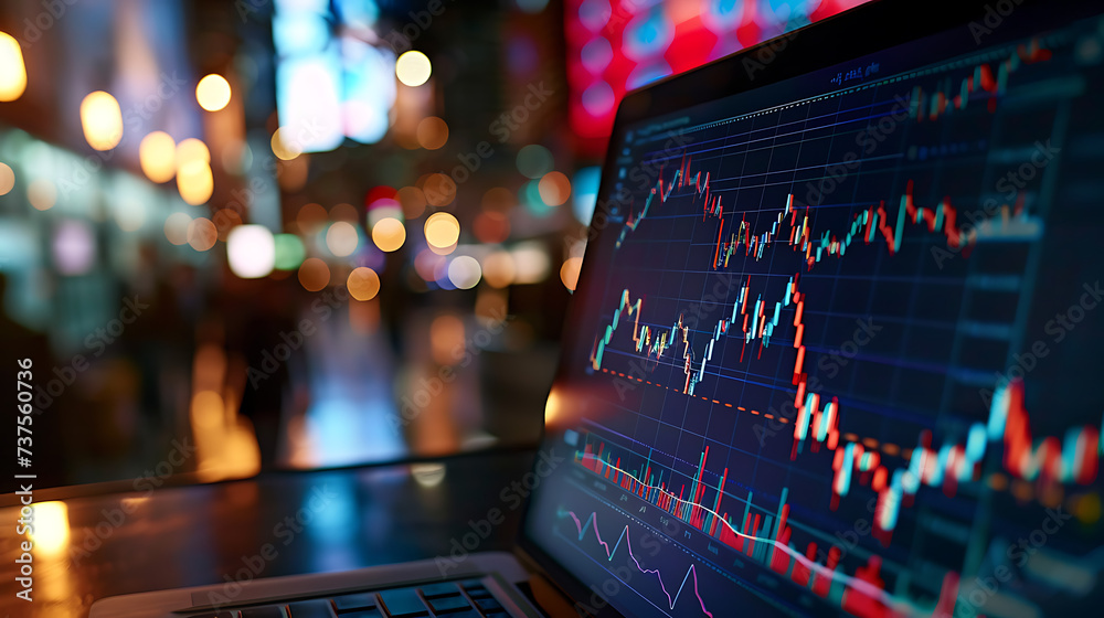 A dynamic scene of trading activity depicted on a laptop screen A dynamic scene of trading activity depicted on a laptop screen