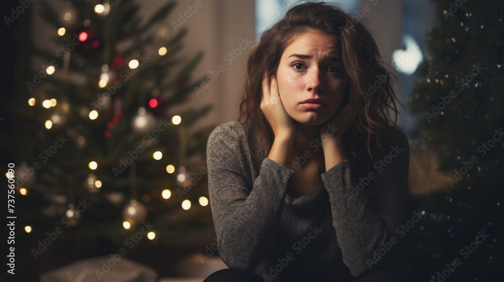 Portrait of stressed young woman near christmas tree