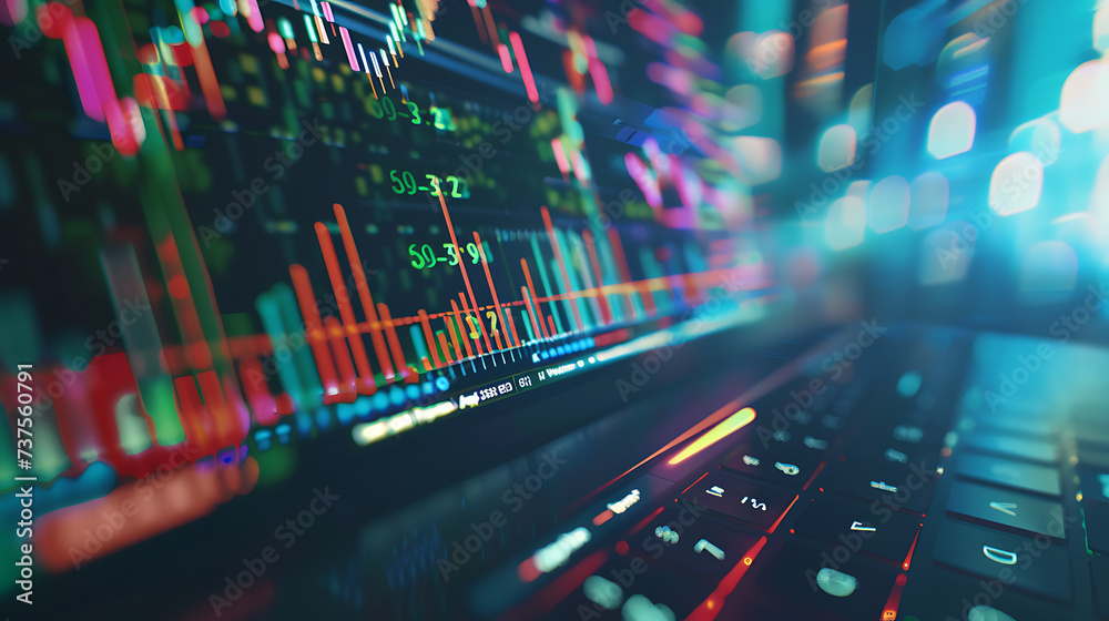 A dynamic scene of trading activity depicted on a laptop screen A dynamic scene of trading activity depicted on a laptop screen