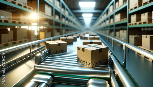 Conveyor belts in a warehouse where a variety of packaged goods in cardboard boxes are in transit. Belt operation when moving products intended for delivery. A warehouse environment filled with shelve