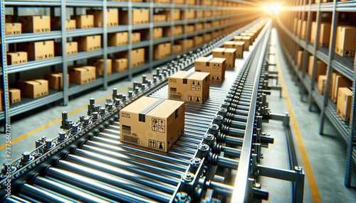 Several cardboard boxes move along a conveyor belt in the center of a busy warehouse fulfillment center. Each box, marked with various barcodes and shipping labels, symbolizes the global nature of e-c