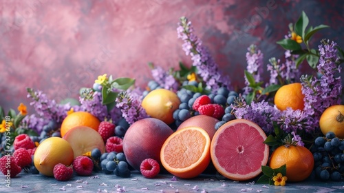 a bunch of fruit sitting on top of a table next to a vase with flowers and fruit on top of it.