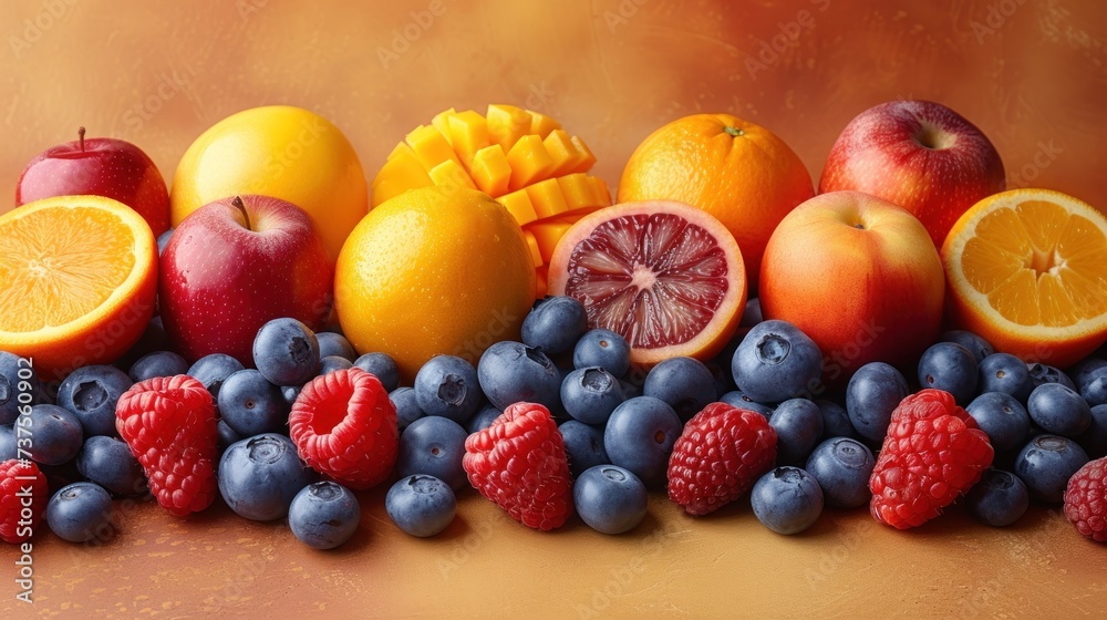 a group of fruit sitting on top of a table next to oranges, raspberries, and apples. a group of fruit sitting on top of a table next to oranges, raspberries, and apples.