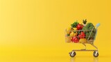 Shopping cart full of food on yellow background. Grocery and food store concept. illustration