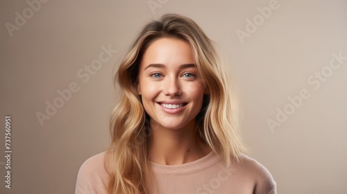 Pretty smiling joyfully female with fair hair, dressed casually, looking with satisfaction at camera, being happy. Studio shot of good-looking beautiful woman isolated against blank studio wall photo