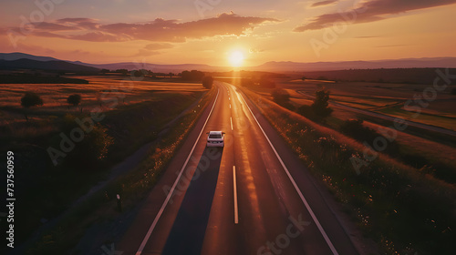 A captivating scene of a car driving into the sunset against a stunning landscape backdrop