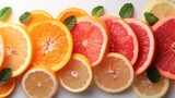 oranges, grapefruits, and grapefruits are arranged in a row on a white surface.