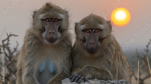 a couple of monkeys sitting next to each other on top of a pile of rocks with the sun in the background. photo