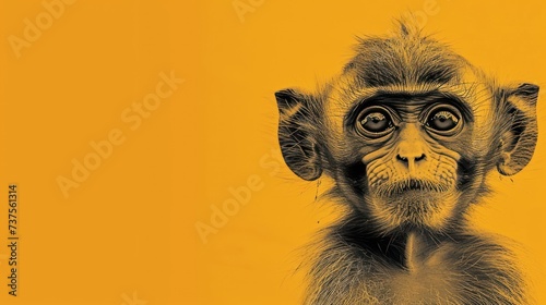 a black and white photo of a monkey with a surprised look on it's face, against a yellow background.