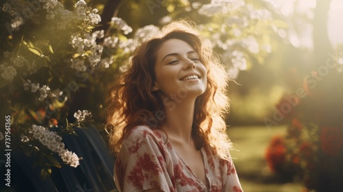 Woman relaxing outdoors looking happy and smiling