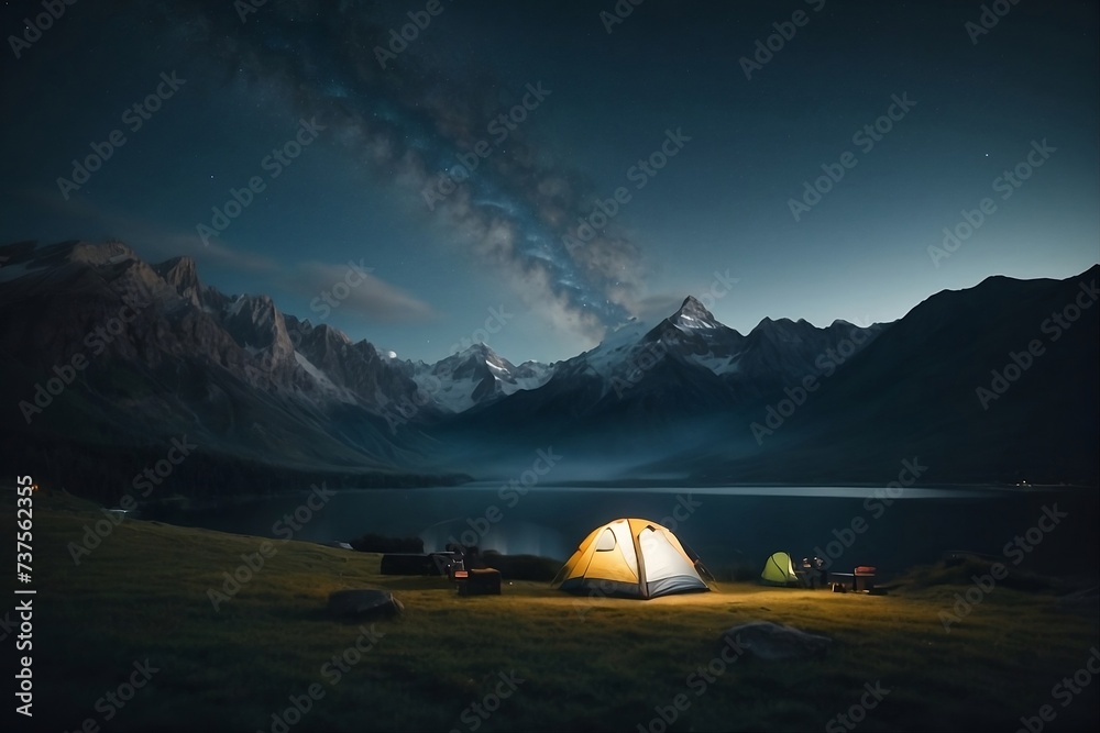 Camping in the mountains at night.