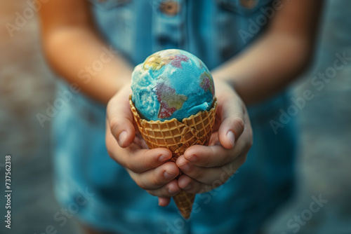 Ice cream cone in the hands of a man, ice cream planet Earth.
