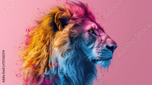 a close up of a lion's face with multicolored paint splattered on it's face. © Shanti