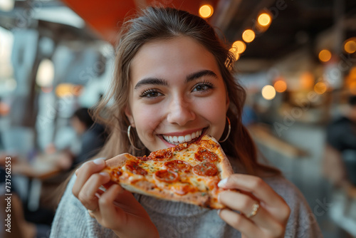 Happy woman eating a piece of pizza in a cafe