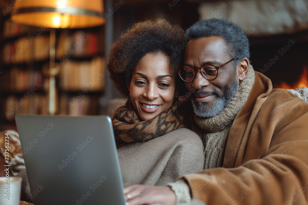 Mature couple watching movie on laptop while sitting in apartment Mature couple watching movie on laptop while sitting in apartment