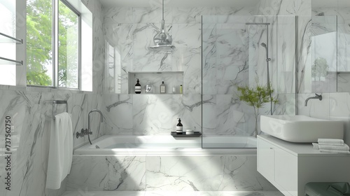 Elegant Bathroom with Marble Bathtub and Glass Shower Door