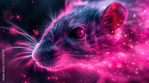 a close up of a pink and black rat on a black background with pink and purple light coming out of it's eyes.