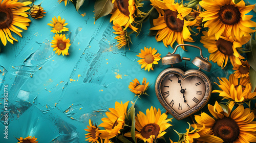 vintage alarm clock as heart shape  fresh sunflowers photo