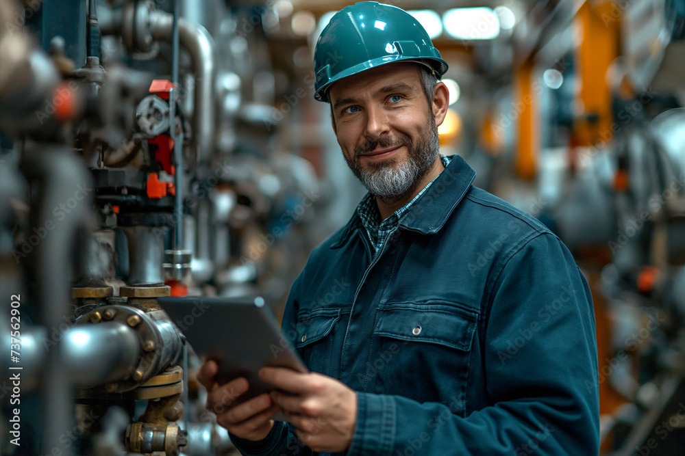 Smiling technician holding tablet PC analyzing machine in industry. Smiling technician holding tablet PC analyzing machine in industry.