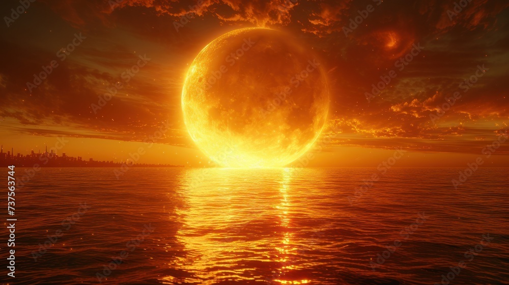 the sun is setting over a body of water with a large object in the middle of it's sky.