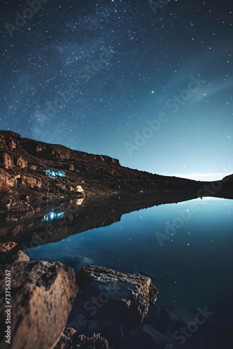 the night sky is reflected in the still water of a lake