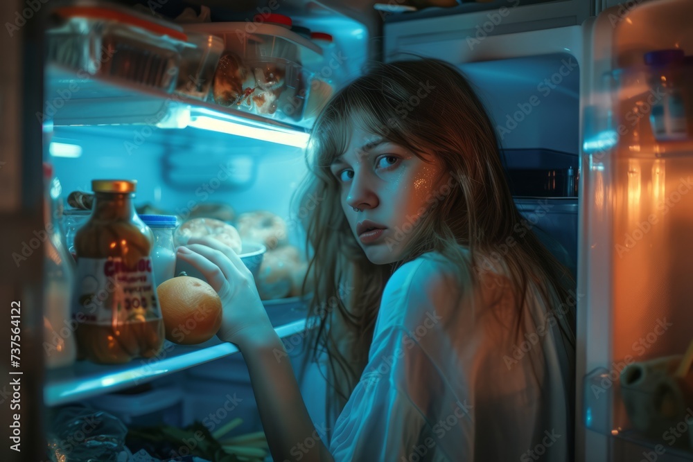 Woman Looking in Refrigerator at Food Woman Looking in Refrigerator at Food