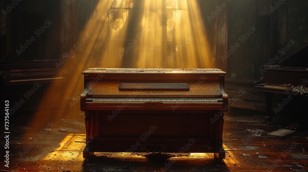 old piano in a dark room with a spotlight shinning on the piano 