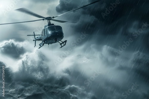 Fotografia Helicopter Flying Through Cloudy Sky Above Mountain