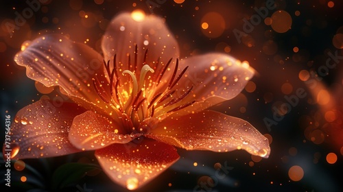 a close up of a flower with drops of water on it's petals and blurry lights in the background.