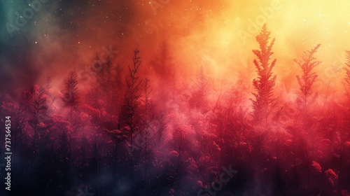a forest filled with lots of tall trees under a sky filled with stars and a lot of pink and orange smoke. © Shanti