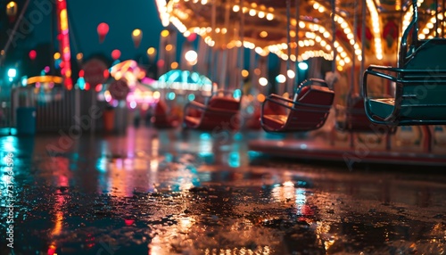 a merry go round at night with lights reflecting off the ground © KWY