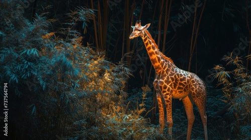 a giraffe standing in the middle of a forest with tall grass and trees in the background at night.