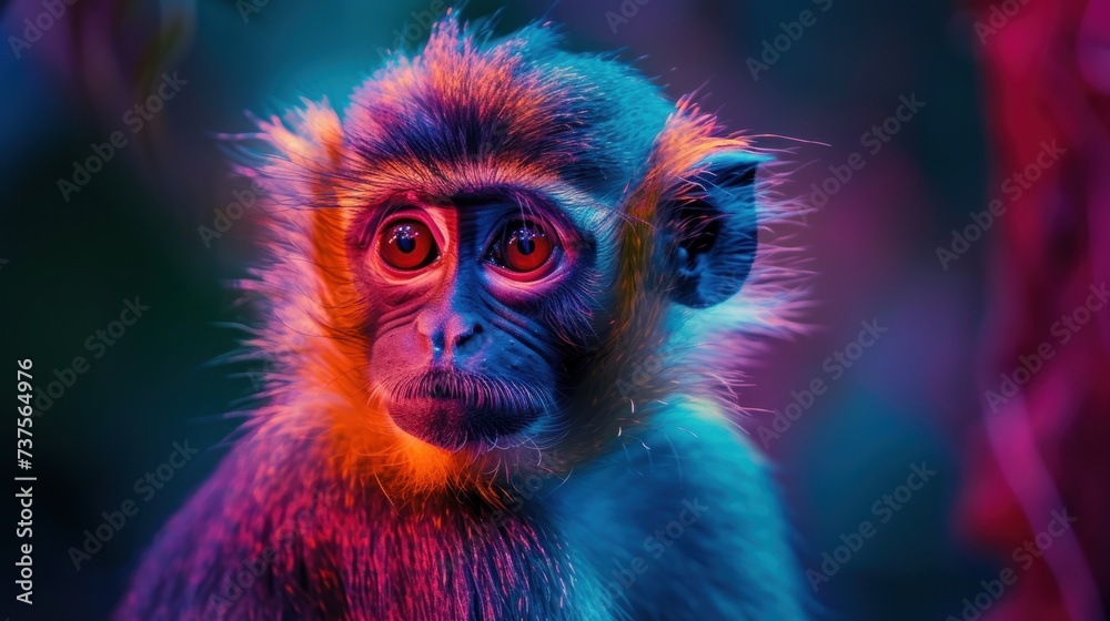 a close up of a monkey with a blurry image of it's face and a blurry background.