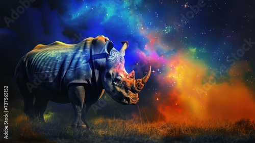a rhinoceros standing in a field of grass with a colorful sky in the background and stars in the sky.