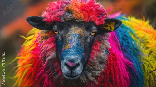 a close up of a sheep with a multi - colored coat of paint on it's face and head.