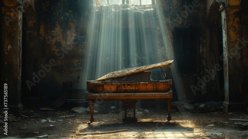 old piano in a dark room with a spotlight shinning on the piano 