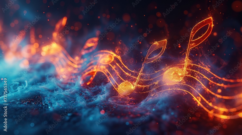 a blue and orange background with a musical note on top of a wave of blue and orange smoke and water.