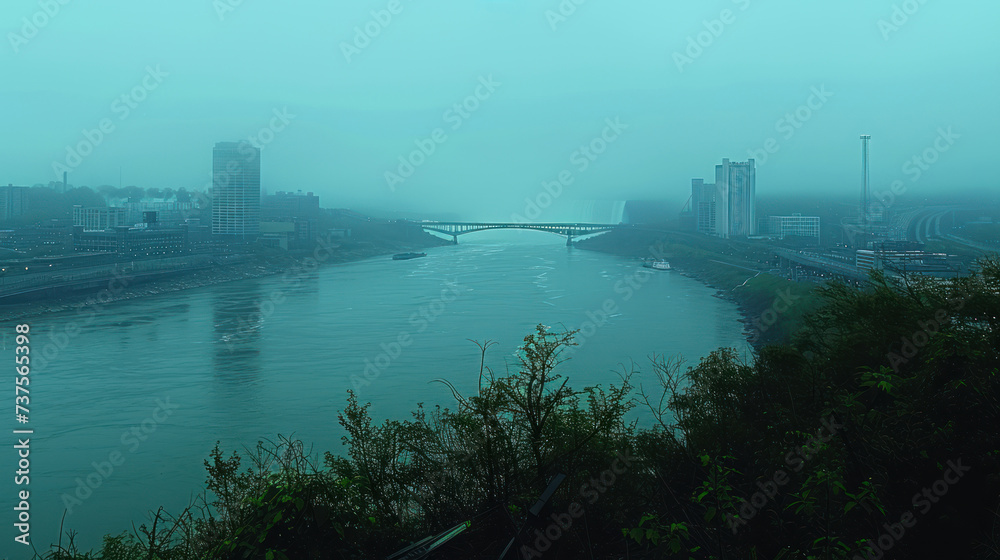 a foggy view of a river with a bridge in the distance and a plane flying in the sky above.